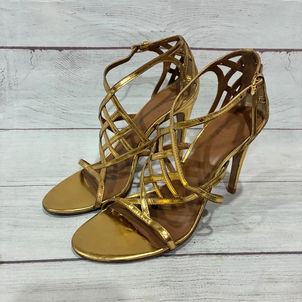 Tory Burch Amalie Strappy Cage Womens 7.5 Gold Metallic Stiletto Heels Buckle